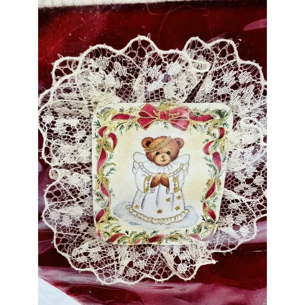 Miniature Christmas Stockings‎ Teddy Bears Red Velvet Lace SSCO Vintage Taiwan